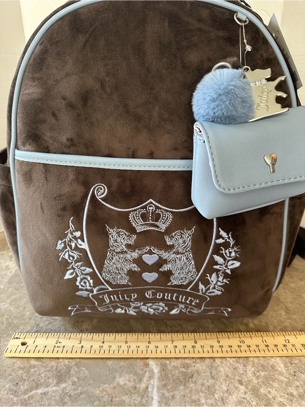 NWT Juicy Couture Bag New Love Chapter Velvet Backpack Brown & Blue Scottie Dog - Picture 9 of 11